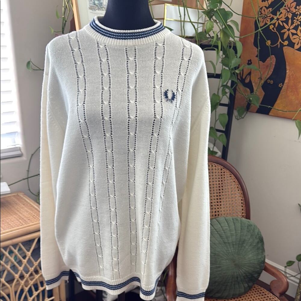 Vintage Fred Perry Ivory & Blue Cable Knit Pullover Preppy Hamptons Crew Sweater